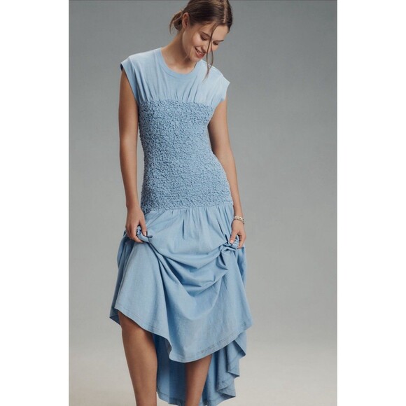 Anthropologie Daily Practice Midi Dress Blue Deep Smock Preppy Vacay Large NWT